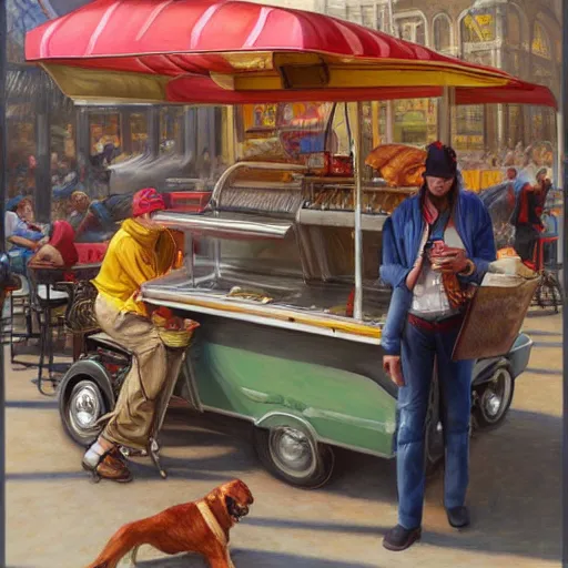 Image similar to Hot-dog stand seller, fantasy D&D, portrait art by Donato Giancola and James Gurney, digital art, trending on artstation