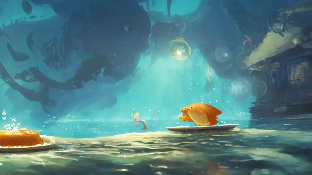 Image similar to digital underwater art of a happy flat pancake fish swimming in syrup, cute, 4 k, fish made of pancake, fantasy food world, living food adorable pancake, vivid atmospheric lighting, by makoto shinkai, studio ghibli, greg rutkowski, ross tran