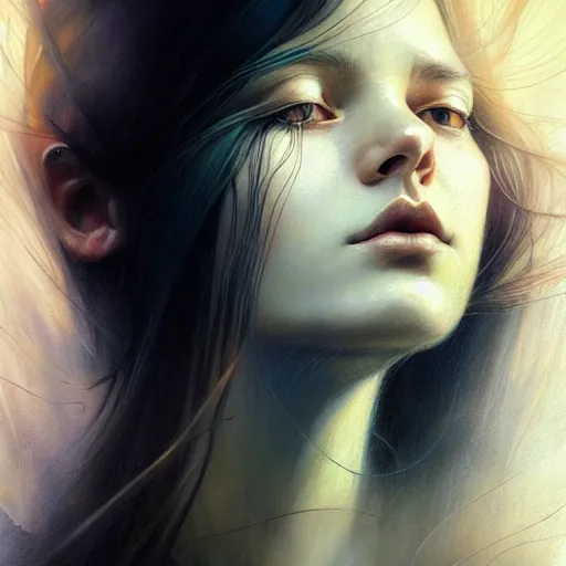 Prompt: a girl reading a book, her hair flowing down, hyperrealistic portrait, by karol bak and agnes cecile and artgerm, fantasy art, photo realistic, dynamic lighting, artstation, poster, volumetric lighting, very detailed face, 8 k, award winning