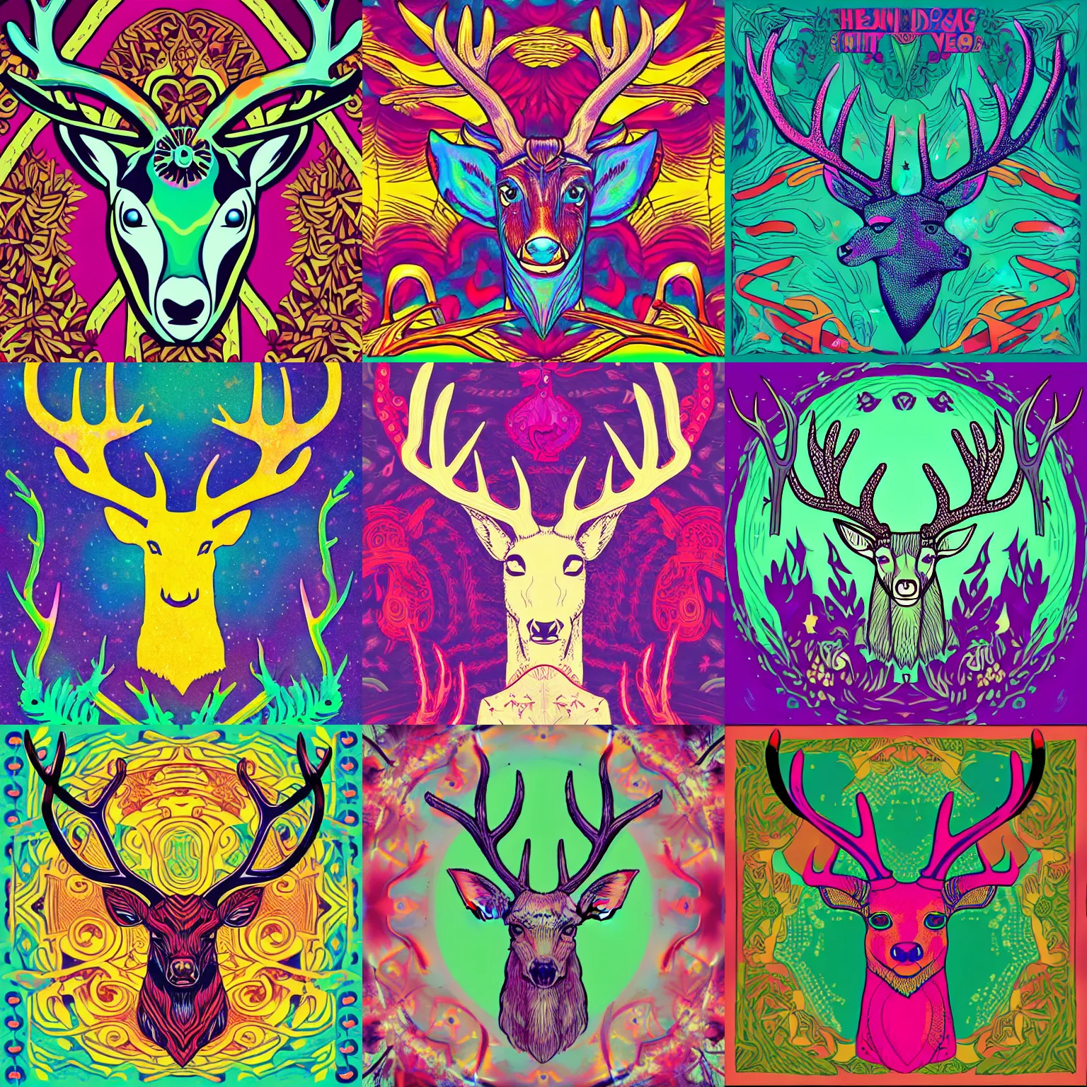 Prompt: An album cover of a stylized deer head and antlers, illustration with psychedelic undertones, mushroom motifs, logo, bottle label