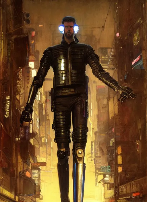 Image similar to menacing Cyberpunk policeman towering with robotic stilt legs. (Cyberpunk 2077, bladerunner 2049). Iranian orientalist portrait by john william waterhouse and Edwin Longsden Long and Theodore Ralli and Nasreddine Dinet, oil on canvas. Cinematic, vivid colors, hyper realism, realistic proportions, dramatic lighting, high detail 4k