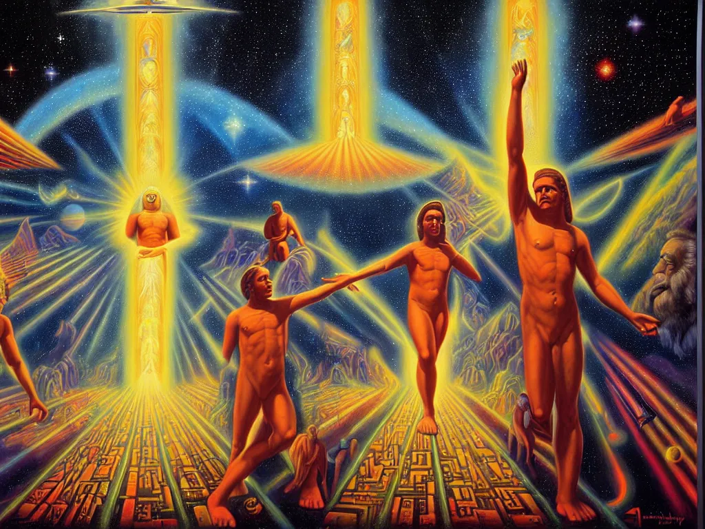 Prompt: a beautiful future of divine human spiritual evolution, by david a. hardy, wpa, public works mural, socialist