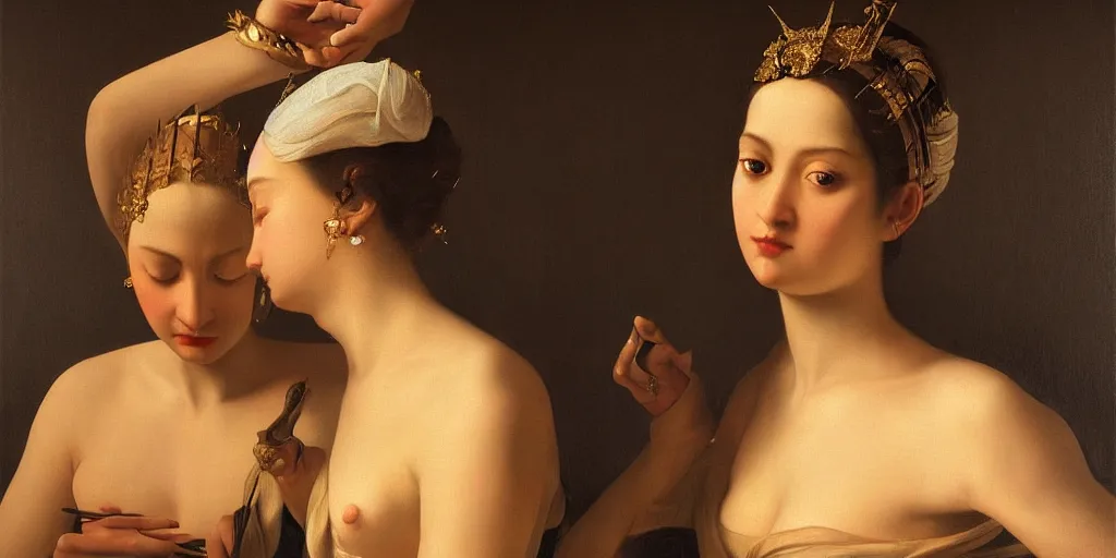 Image similar to beautiful oil matte portrait painting, women with gold skin showered with diamonds, wonderful masterpiece highly detailed, beautiful cinematic light deep focus, elegant, digital painting, smooth, sharp focus, golden ratio, dramatic illumination, ultra realistic, 8 k, art by artemisia lomi gentileschi and caravaggio