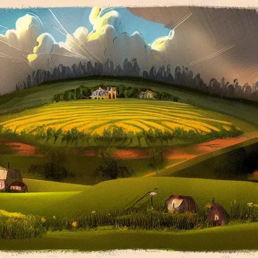 Prompt: a beautiful field landscape illustration of a big town with a heavenly by a pool surrounded by rolling hills, during spring, with a few clouds by chase stone, pat oliphant, featured on behance, featured on artstation, featured on illustrationx, featured on conceptartworld, concept art, barometric projection, f 1 6