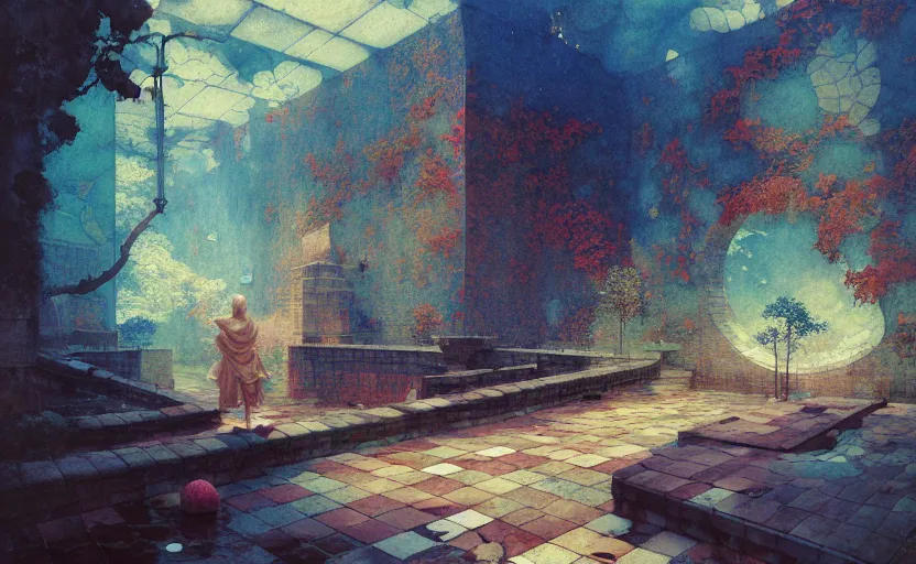 Image similar to tiled room squared waterway, fantasy. intricate, amazing composition, colorful watercolor, by ruan jia, by maxfield parrish, by marc simonetti, by hikari shimoda, by robert hubert, by zhang kechun, illustration, gloomy