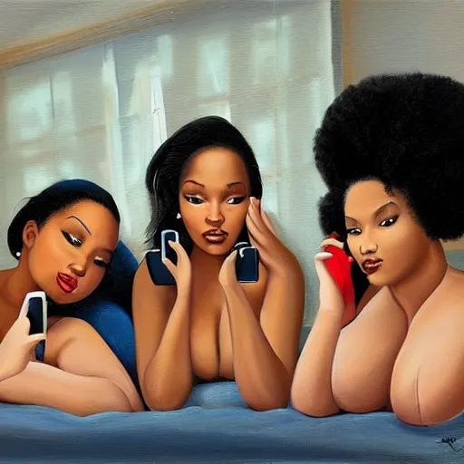 Prompt: stunning, coherent, beautiful painting, still of a group of black bbw models taking a picture of each other posing in the same bed , they are all laying down, one of them is on the phone with her boyfriend , 3d, in the style of pixar, smooth, 3d, highly detailed, highly detailed, sharp focus, bokeh, depth of field, 16k resolution, Unreal Engine 5, coherent, cinematic lighting, photorealistic