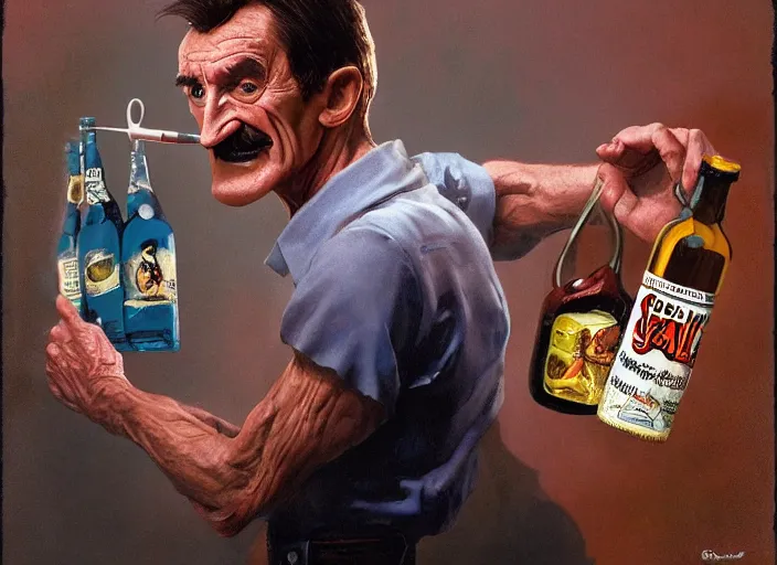 Image similar to barry chuckle drinking a bottle of snake oil, snake oil advertisement from 1 9 8 8, artwork by greg rutkowski and richard corben, 3 d, high resolution 8 k