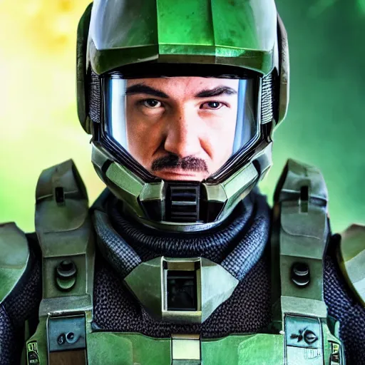 Image similar to Super Mario as Master Chief, highly detailed, extremely high quality, HD, 4k, 8k, Canon 300mm, professional photographer, 40mp, lifelike, top-rated, award winning, realistic, detailed lighting, detailed shadows, sharp, no blur, edited, corrected, trending