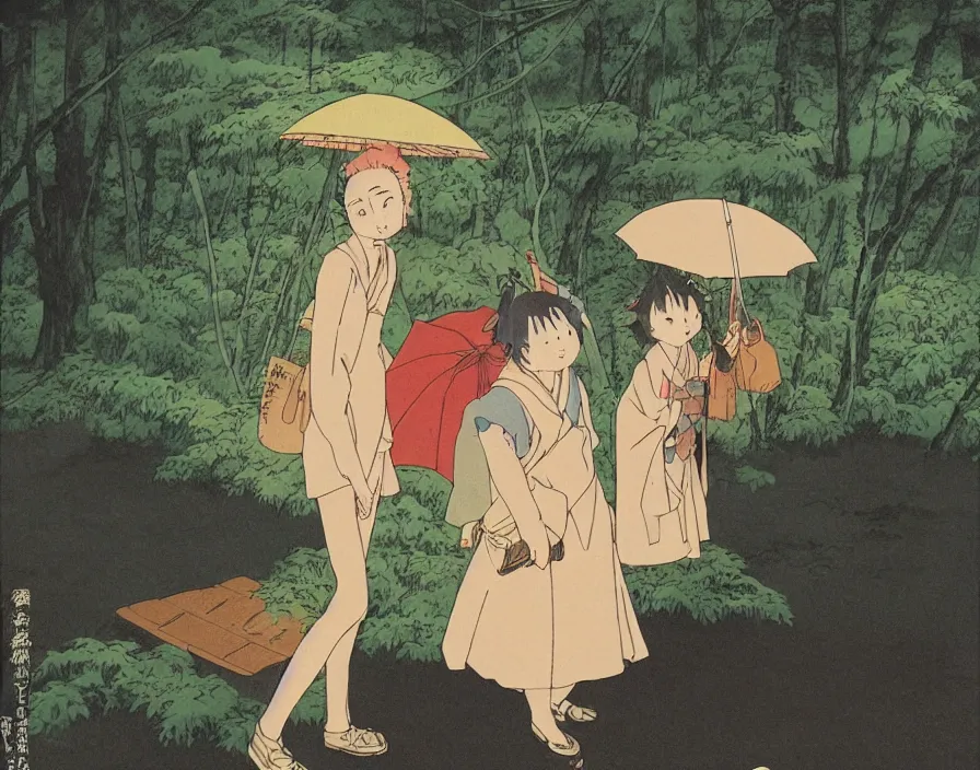 Image similar to A female Retzling with short blond air, standing with big Totoro at a japanese bus stop, holding an umbrella, in the dark forest, rainy night, Studio Ghibli, Hayao Miyazaki, Ukiyo-e, style Katsushika Hokusai,