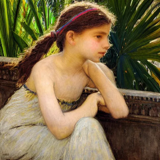 Image similar to a ultradetailed beautiful painting of a girl in the amazonas palace balustrade designed by jules bastien - lepage, hans belmer, frank weston and gustave baumann, beach, trending on artstation, mediterranean, palm trees, refracted color sparkles, sharp focus, soft light, 8 k 4 k