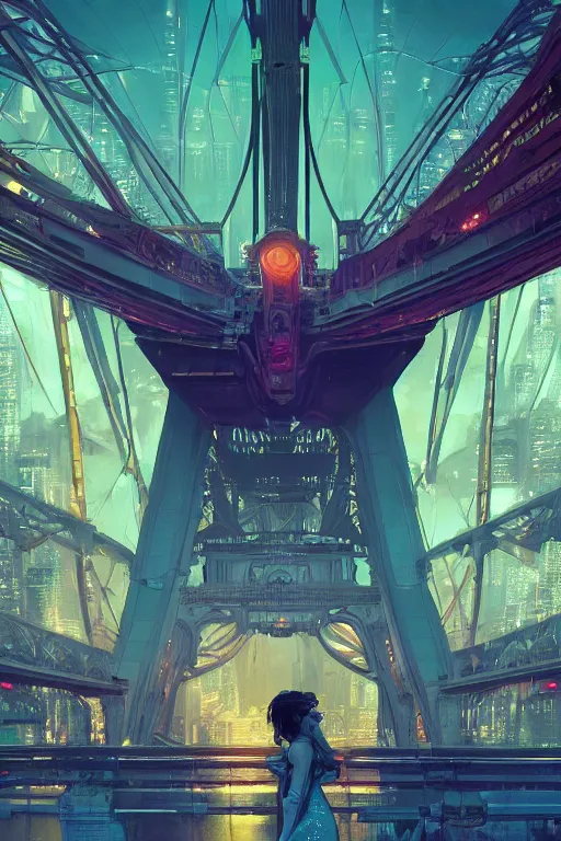 Image similar to futuristic cyberpunk, howrah bridge, calcutta, sci-fi, fantasy, intricate, very very beautiful, elegant, neon light, highly detailed, digital painting, artstation, concept art, smooth, sharp focus, illustration, art by alphonse mucha and tian zi and WLOP