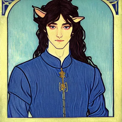 Image similar to portrait painting of young handsome beautiful paladin elf!! man with long! wavy dark hair in his 2 0 s named taehyung minjun at the blueberry party, wearing armor!, long hair, elf ears, blue eyes, blueeyes!, elegant, delicate, soft facial features, art, art by alphonse mucha, vincent van gogh, egon schiele,