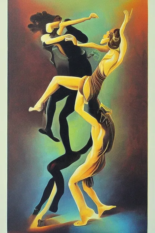 Prompt: optical illusion painting of a couple dancing, illusionism, look twice, mind blow, by damien gilley and salvador dali, detailed