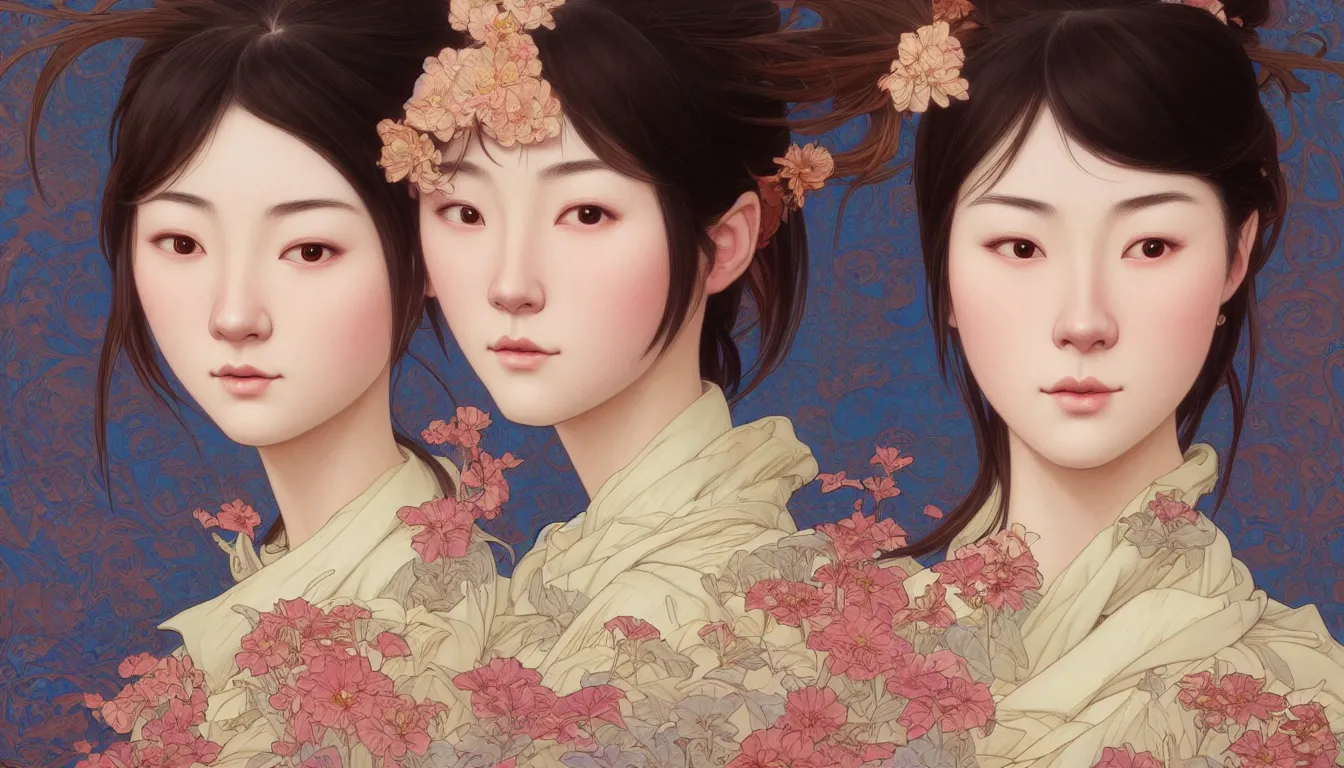 Prompt: excellent painted portrait of one pretty japanese girl with upturned nose, high quality masterpiece painted, patterned background, 4 k, trending on artstation, octane render, art by james jean and artgerm and greg rutkowski and alphonse mucha and craig mullins and james jean and andrei riabovitchev and marc simonetti and peter mohrbacher