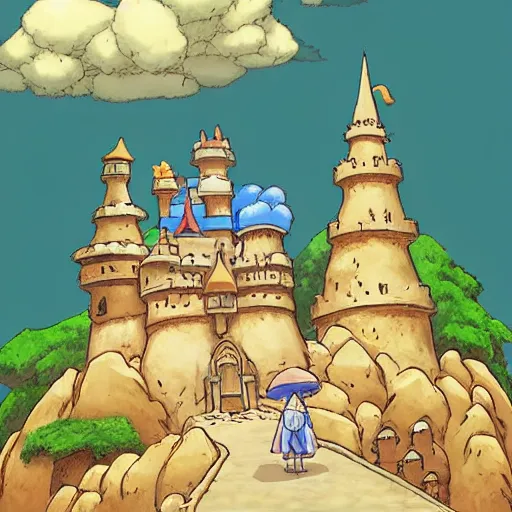 Image similar to magical sand castle kingdom studio Ghibli style