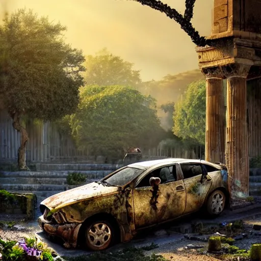 Image similar to a tree growing on a scrap car in ancient greek ruins, gray wasteland, many scrap cars, overgrown, pillars and arches, colorful flowers, vines, hyperrealistic, highly detailed, cinematic, ray of golden sunlight, beautiful, cgsociety, artstation, 8 k, pixar style by tristan eaton, artgerm, tom bagshaw