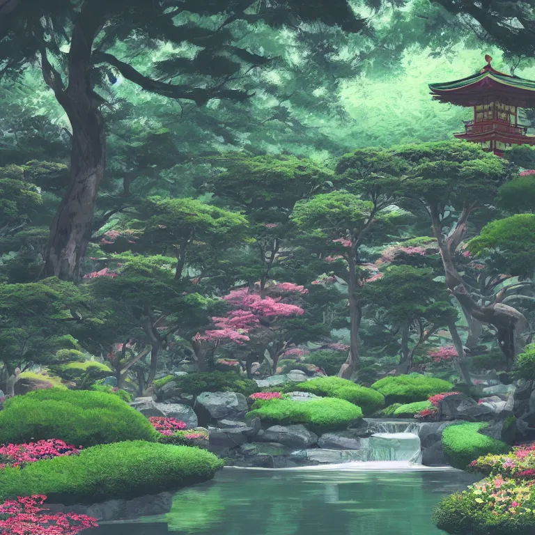 Prompt: beautiful illustration of electronic japanese gardens, trending on pixiv, artstation