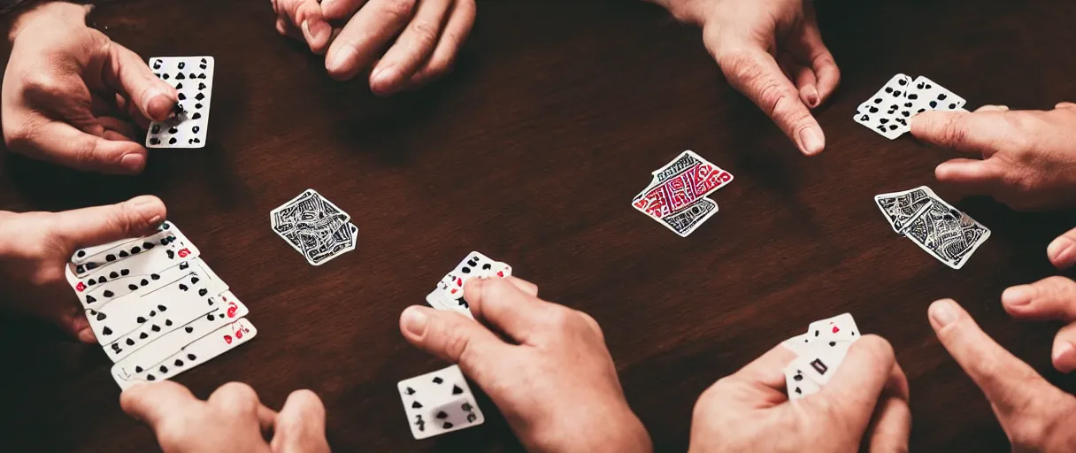 Image similar to a high quality color extreme creepy atmospheric wide dutch angle hd 4 k film 3 5 mm photograph of closeup of hands of caucasian men playing cards, smoking cigarettes with full ashtray on a table