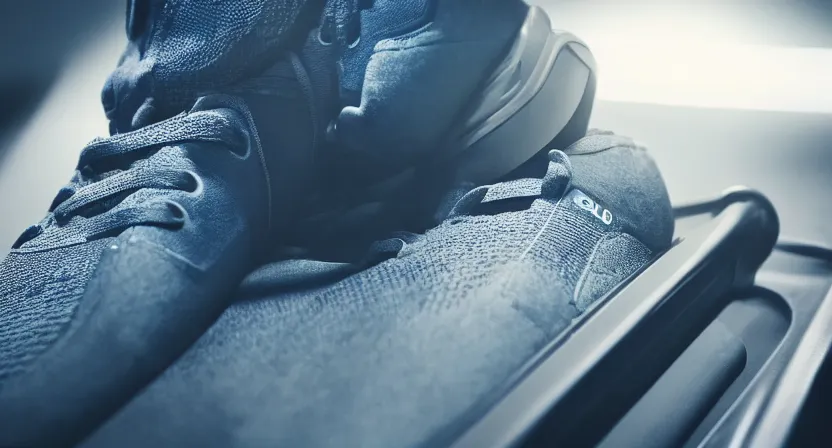 Image similar to close up on old running shoes running on a treadmill. cinematic lighting. moody. sci fi. realistic concept art illustration. blue grey tones.