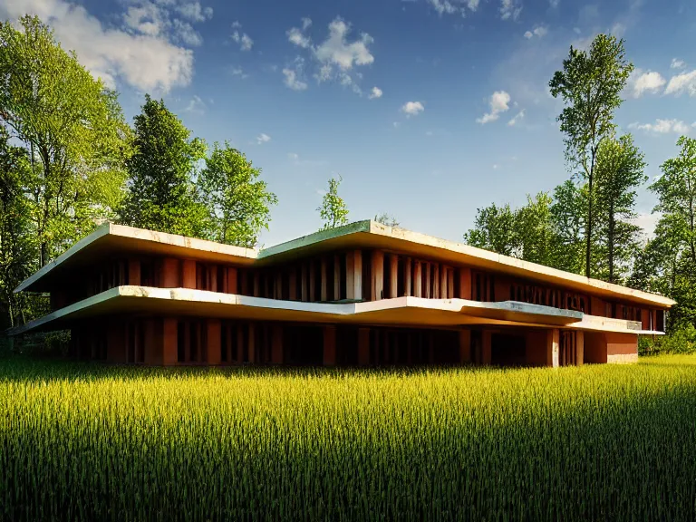 Prompt: hyperrealism design by frank lloyd wright photography of beautiful detailed eco house around the forest in small ukrainian village by taras shevchenko and wes anderson and caravaggio, wheat field behind the house