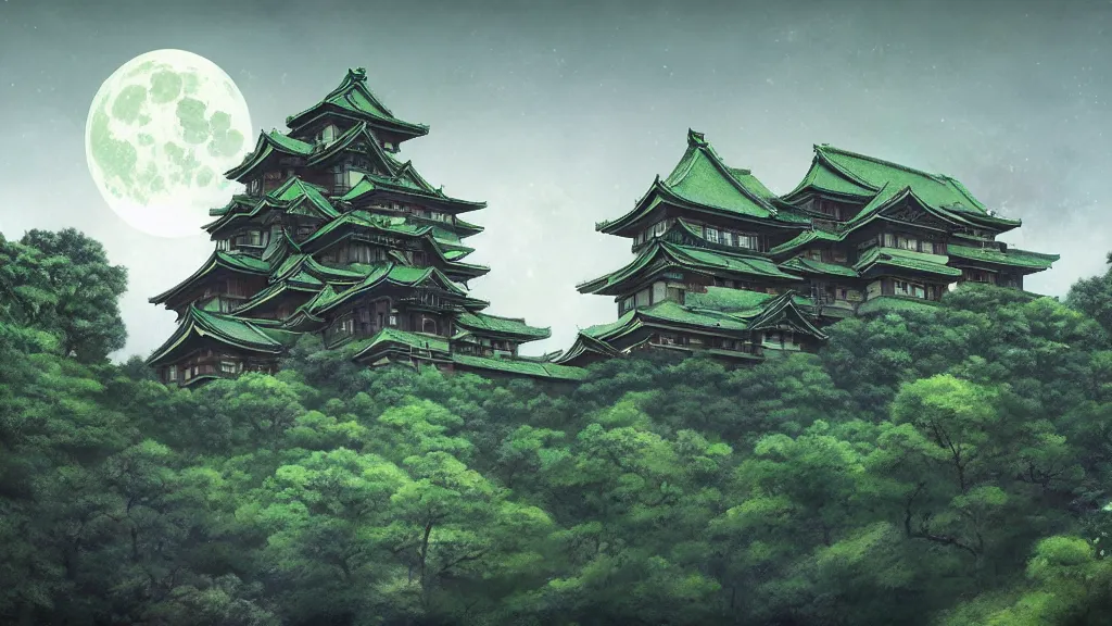 Image similar to beautiful green japanese castle in front of mountainous background with just a few trees, dark sky full moon, whimsical surrealism, 8 k, subsurface scattering, intricate geometry, fantastical setting, otherwordly, by greg rutkowski