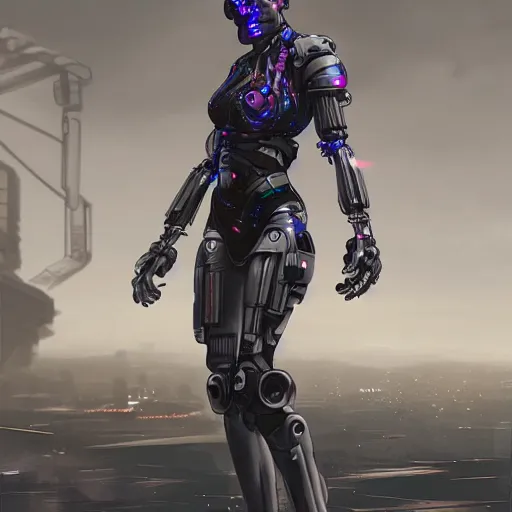 Prompt: Full body shot of a cyborg woman, sci-fi, cyberpunk, hyperdetailed, artstation, cgsociety, 8k