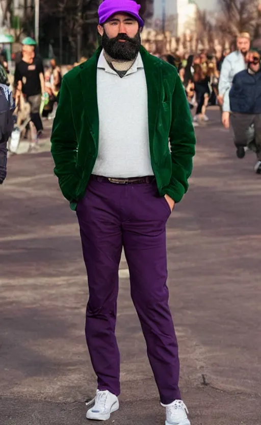 Prompt: a man of caucasian appearance with a chin - style dark brown beard without mustache in a full black hat, green jacket, purple pants and white sneakers in full height, perfect face