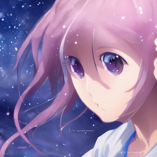Image similar to a magical girl's eyes, stars are hidden in the eyes, 8 k, stunning, dream, highly detailed, super macro, surrealist, close - up view, makoto shinkai