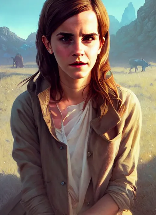 Image similar to highly detailed portrait of emma watson in gta v, stephen bliss, unreal engine, fantasy art by greg rutkowski, loish, rhads, ferdinand knab, makoto shinkai and lois van baarle, ilya kuvshinov, rossdraws, tom bagshaw, global illumination, radiant light, detailed and intricate environment