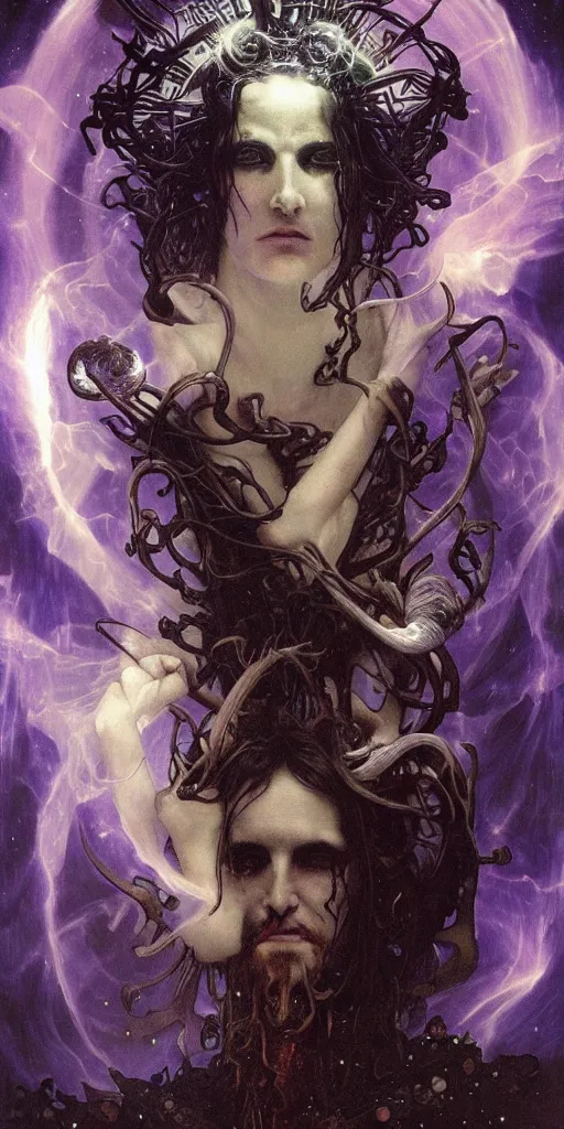 Prompt: intense glowing black metal pagan god with ram horns and intense black eyes in very dark cosmic space nebula by karol bak and alphonse mucha and h r giger, portrait, fantasy, clear, light beams, lens flare, soft, uhd, amazing depth, cinematic lighting, purple and red and white and metallic silver