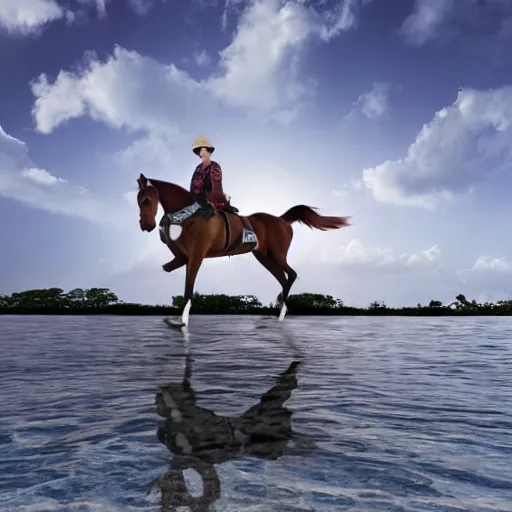 Image similar to a horse got on top of the roof of a plane, and flies it to the maldives, the islands, style of photorealism,