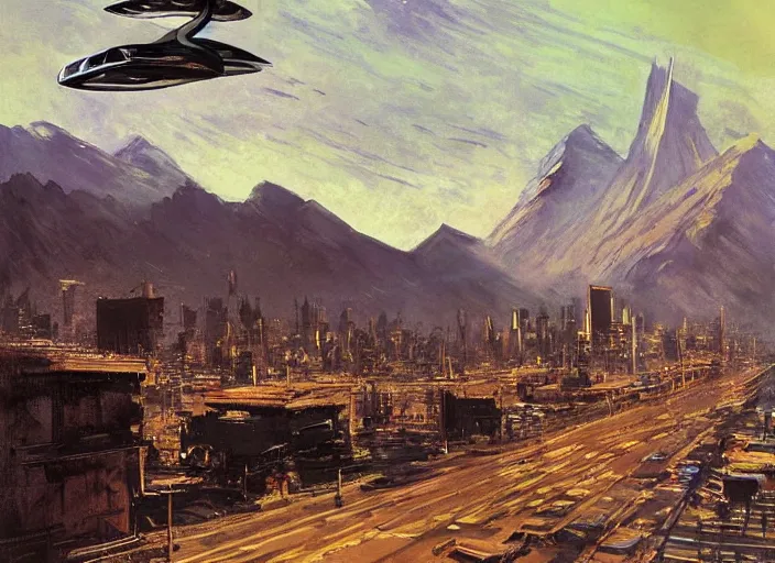Image similar to illustration of a flying car crossing at full speed between buildings in futuristic santiago de chile with the andes mountain range in the background in a dystopian future by john berkey and monet