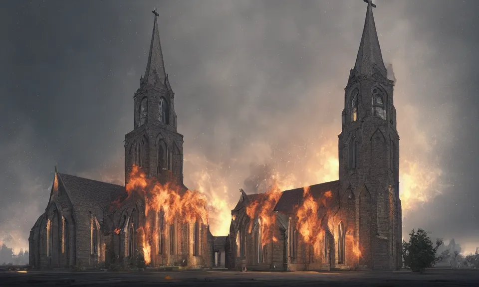 Prompt: a beautiful hyperrealistic 3d render of a church on fire by, Anton Otto Fischer, Anton Semenov, Atey Ghailan, unreal engine, octane render, gigantic, unreal engine, 3d, octane render, brilliantly coloured, intricate, ultra wide angle, trending on artstation, embers, smoke, dust, dusk, volumetric lighting, HDR, polished, micro details, ray tracing, 8k