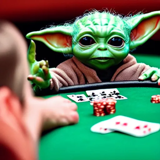 Prompt: baby yoda in a casino playing poker