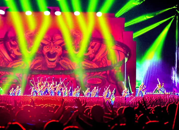 Image similar to members of the band tool performing on stage at a very large concert venue, colorful,modern, disney poster, detailed,