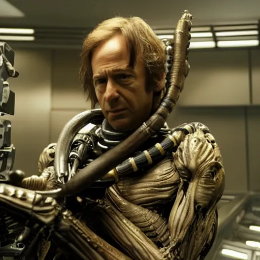 Image similar to film still of saul goodman in the role of ripley in aliens, unreal engine, uhd, by ridley scott and h r giger, very detailed, realistic