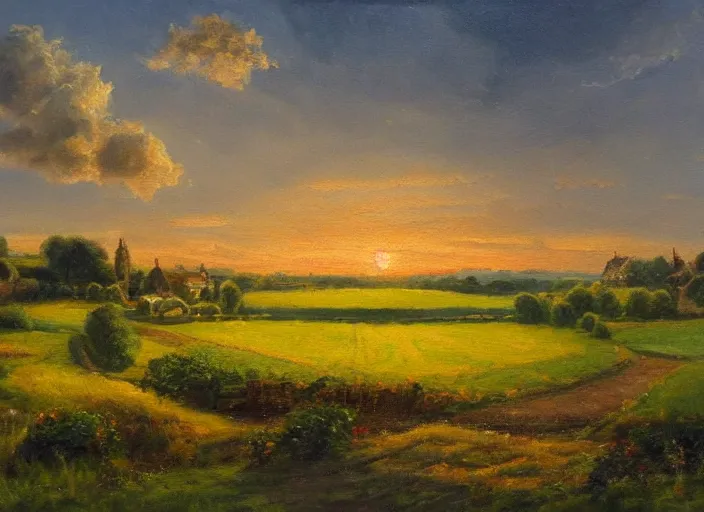 Image similar to beautiful oil landscape painting of an old quaint English village in the countryside, fields, sunset, ambient light, high detail