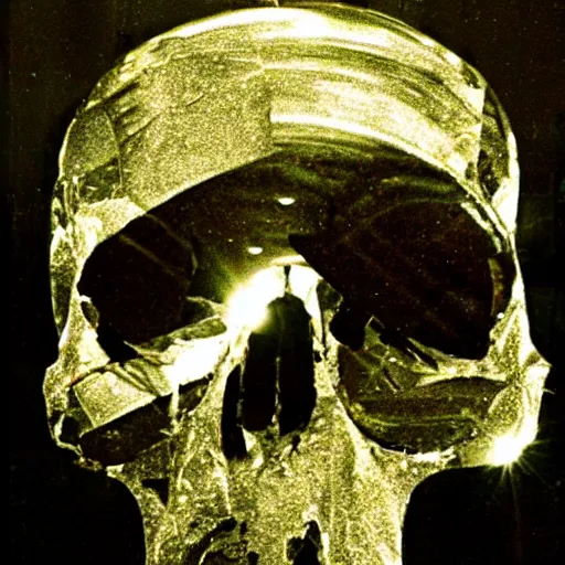 Image similar to a skull made out of broken mirrors, reflecting light in a nightclub, grainy film still