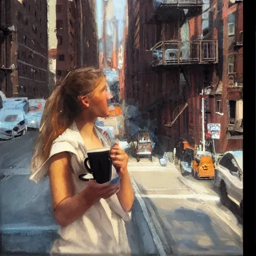 Prompt: “ a girl holding a cup of coffee sitting on a fire escape overlooking the east village in new york city, morning light, by daniel gerhartz ”