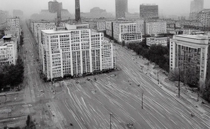 Prompt: high quality 2000s historic footage of soviet boulevard with stanilist style high rise and pedestrians, aerial photo drone, Cinestill 800t 18mm, heavy grainy picture, very detailed, high quality, 4k panoramic, billboards and streetlight at night, rain, mud, foggy