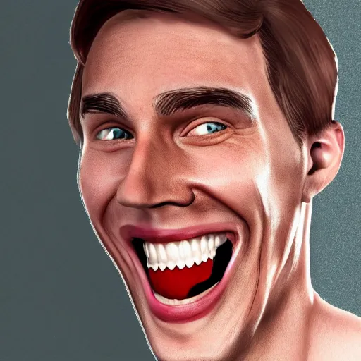 Image similar to jerma 9 8 5 with a grossly exaggerated smile, many teeth, photorealistic 4 k
