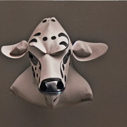 Image similar to a highly detailed ultra realistic photograph of a cow dressed in a fighter jet jumpsuit and mask