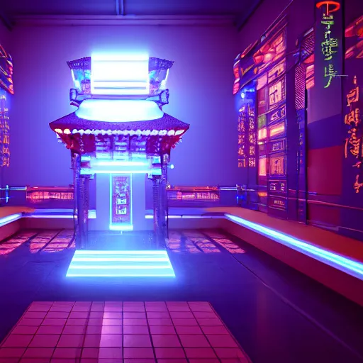 Image similar to cybernatic buddhist temple, cybernatic, cyberpunk, bright led lights, 3 d render, unreal engine 5, by beeple, dizzy viper, marischa becker, octane render, high quality, very detailed