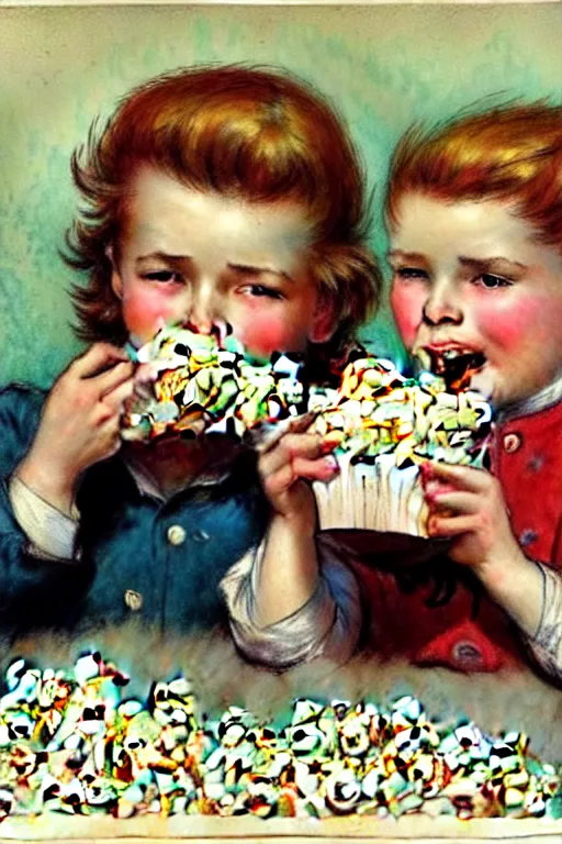 Prompt: (((((1950s kids eating popcorn . muted colors.))))) by Jean-Baptiste Monge !!!!!!!!!!!!!!!!!!!!!!!!!!!