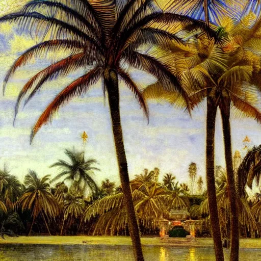 Image similar to a ultradetailed beautiful painting of a golden palace on amazonas by jules bastien - lepage, hans belmer, frank weston and gustave baumann, trending on artstation, mediterranean, palm trees, light sparkles, sharp focus, soft light