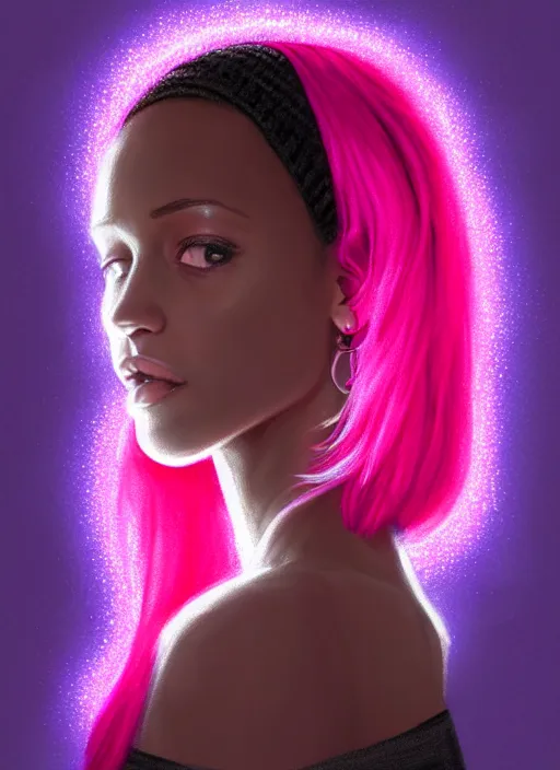 Image similar to portrait of teenage vanessa morgan with bright pink hair, black girl, curly pixie cut hair, wearing a purple breton cap, breton cap, hoop earrings, intricate, elegant, glowing lights, highly detailed, digital painting, artstation, concept art, smooth, sharp focus, illustration, art by wlop, mars ravelo and greg rutkowski