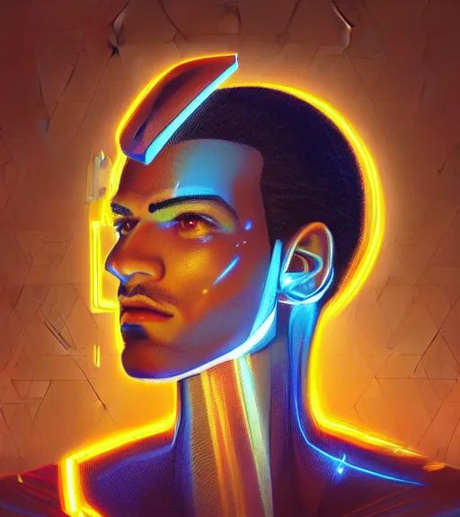 Image similar to symmetry!! egyptian prince of technology, solid cube of light, hard edges, product render retro - futuristic poster scifi, lasers and neon circuits, brown skin man egyptian prince, intricate, elegant, highly detailed, digital painting, artstation, concept art, smooth, sharp focus, illustration, dreamlike, art by artgerm