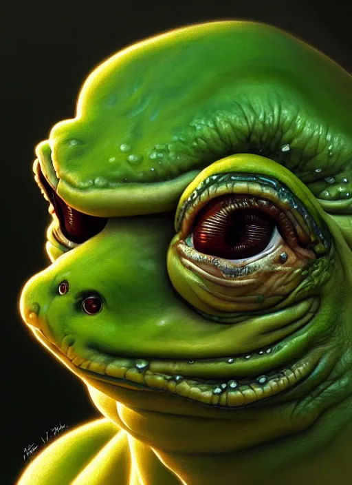 Image similar to slimy 4 chan pepe, drool, portrait, intricate, elegant, highly detailed, digital painting, artstation, concept art, wallpaper, smooth, sharp focus, illustration, art by h. r. giger and artgerm and greg rutkowski and alphonse mucha