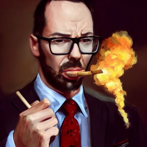 Image similar to andrew tate wearing a suit smoking a cigar on his mouth, dramatic lighting, cinematic, establishing shot, extremly high detail, photorealistic, cinematic lighting, artstation, style by James Gurney