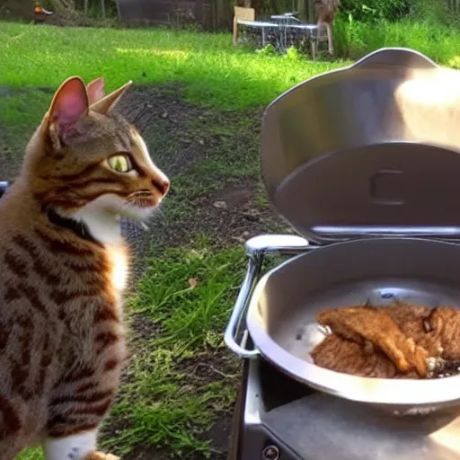 Image similar to trailcam footage of a cat cooking a meal using a bbq. caught on camera